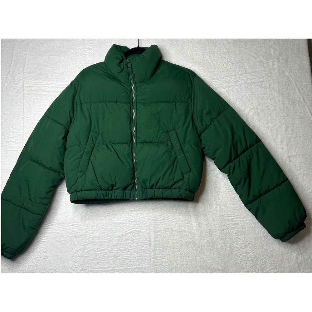 Garage Mini Puff Cropped Puffer Jacket Forest Green P/S Full Zip Funnel Neck